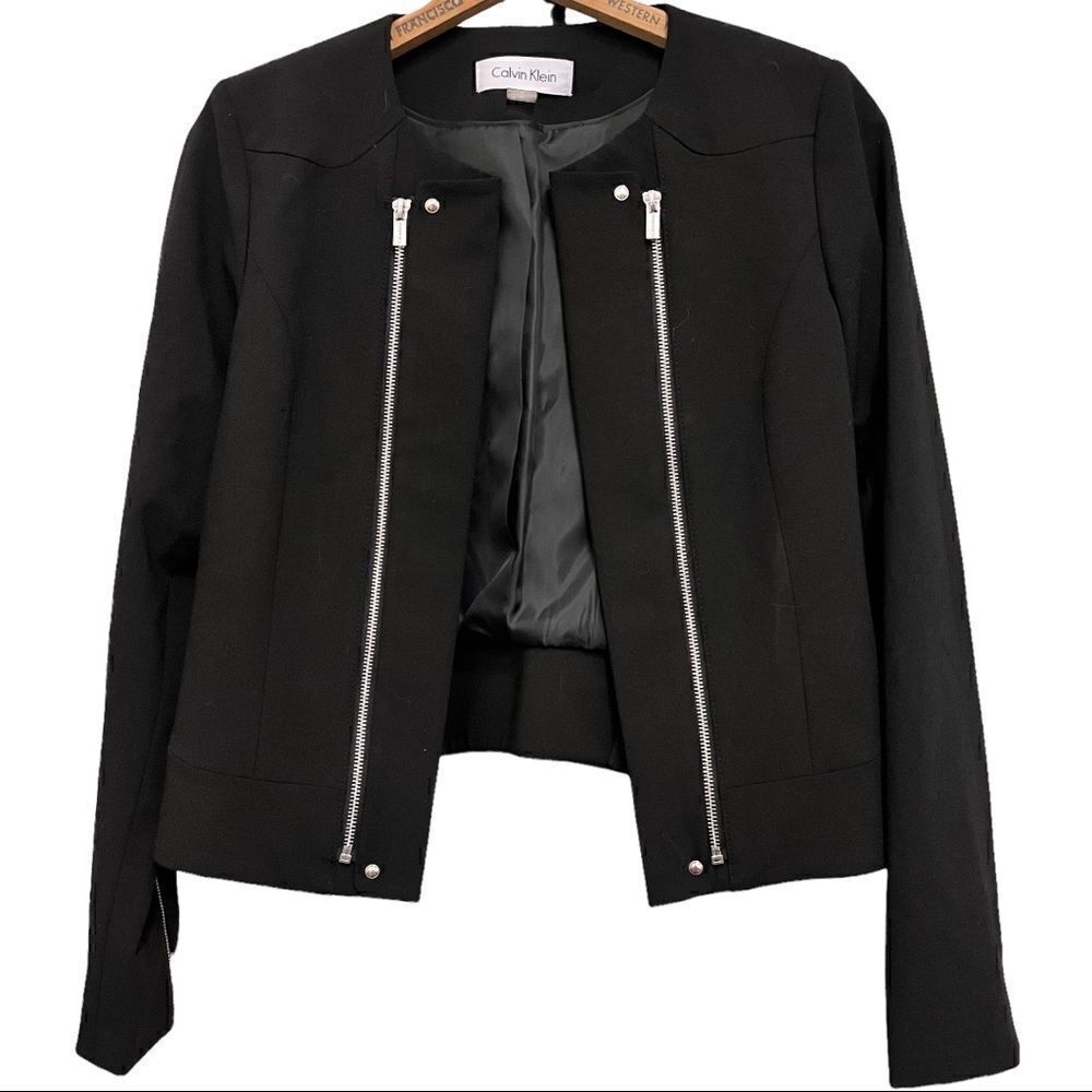Calvin Klein Cropped Moto Jacket Womens Size 4 Open Front Zipper Black Blazer